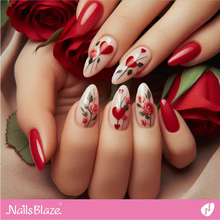 Red Roses and Heart Valentine's Day Nail Design | Valentine Nails - NB2110